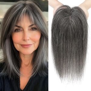 10” Real Human Hair Topper with Bangs, Dark Grey, Thinning Hair Solution